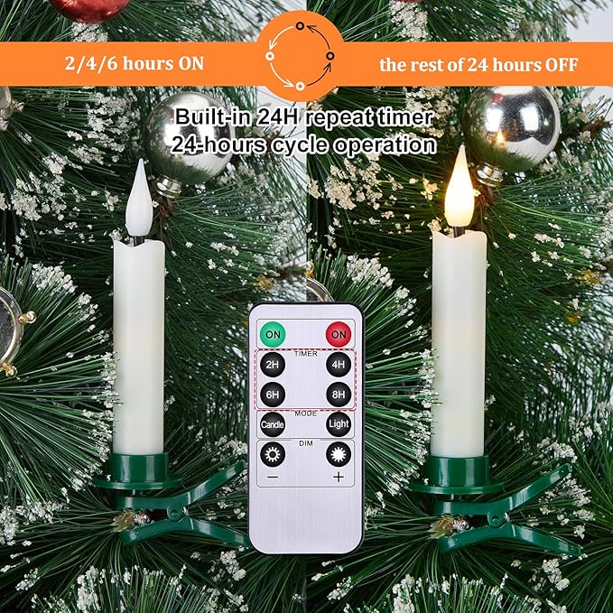 IMAGE 12Pcs LED Taper Candles Light Set Flameless 3D Wick Ivory Candles with Clip-on Christmas Tree Design, 10-Key Remote with Timer, Warm White Light, Battery Operated for Versatile Decoration