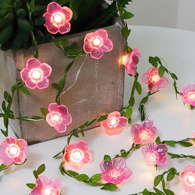 Cherry Blossom Decor Flower String Lights Vines with Fairy Lights Christmas, 30 LED Copper with Remote Control Battery Operated Pink Flower Garland Leaf for Locker, Wall,Christmas Decorations-2 Pack