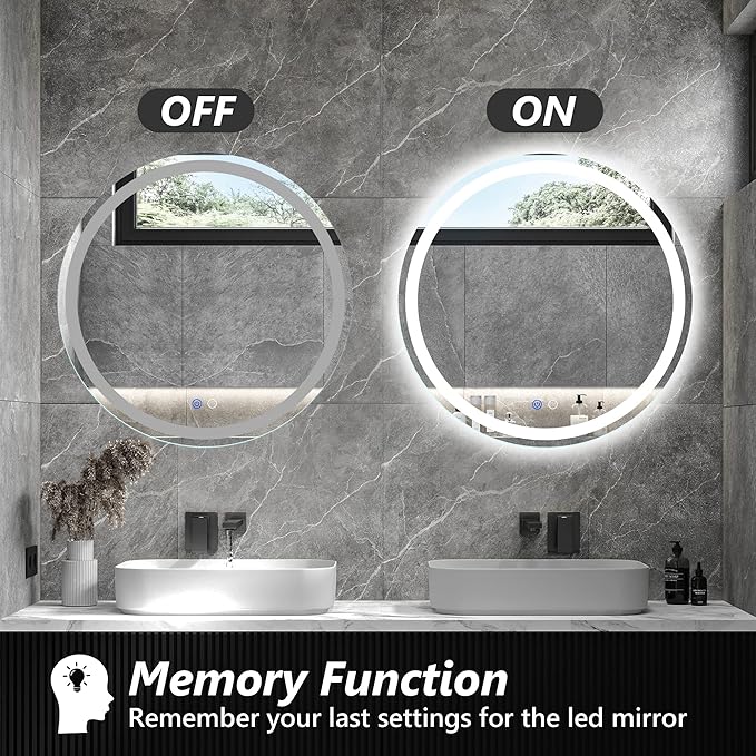 24 Inch LED Round Lighted Mirror, Bathroom Backlit Vanity Mirror Wall Mounted with 3000K/4000K/6000K Adjustable, Anti-Fog, Smart Touch Button, Stepless Dimmable Lighted Makeup Mirror