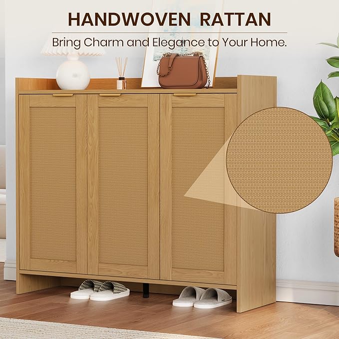 Shoe Cabinet, 41" Tall Rattan Shoe Storage Organizer Cabinet, Adjustable Shelves, 6-Tier Farmhouse Boho Wooden Storage Cabinet for Entryway Hallway Closet Bedroom,Lightoak