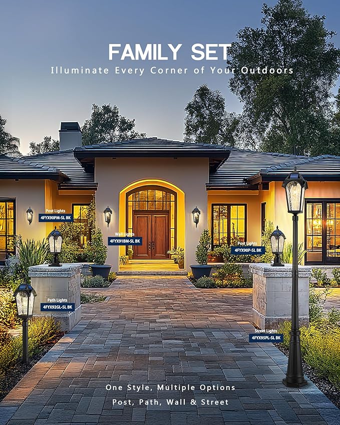 FEMILA Solar Lamp Posts Outdoor Lighting, 85.4" Aluminum Glass Outdoor Pole Lights, Dusk to Dawn Solar Street Light with Remote Control for Yard Garden Driveway, 4FYX95PL-SL BK