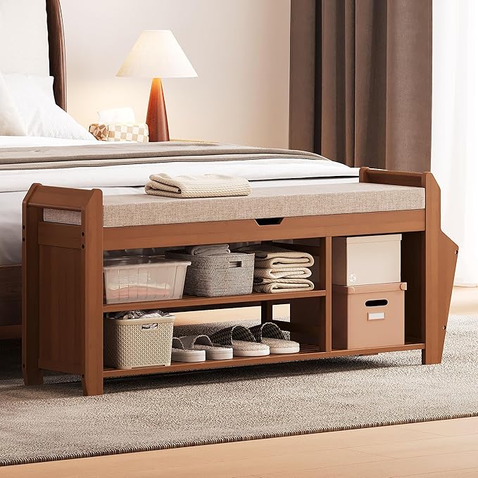 39.4" Bamboo Shoe Rack Bench, 3-Tier Entryway Bench with Thick Cushion, Flip-Top & Side Storage, Holds Up to 550 LBS for Hallway, Living Room, Bedroom