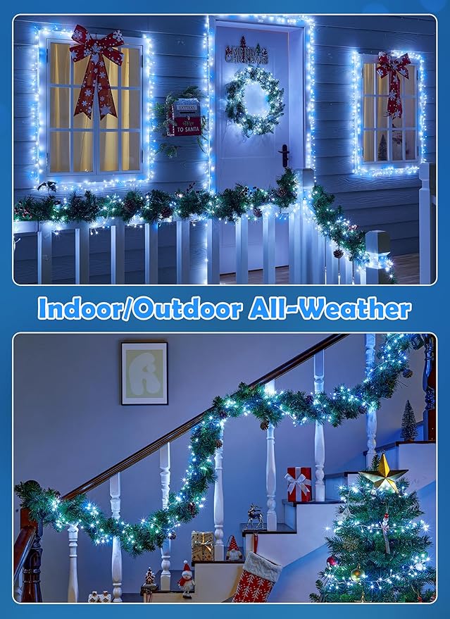 Fairy Lights Plug in, 10ft 200LED Cluster String Lights - Twinkle Copper Wire Christmas Tree Lights Waterproof for Bedroom Decor, Indoor/Outdoor Party, Patio, Garden，Blue White，2pack