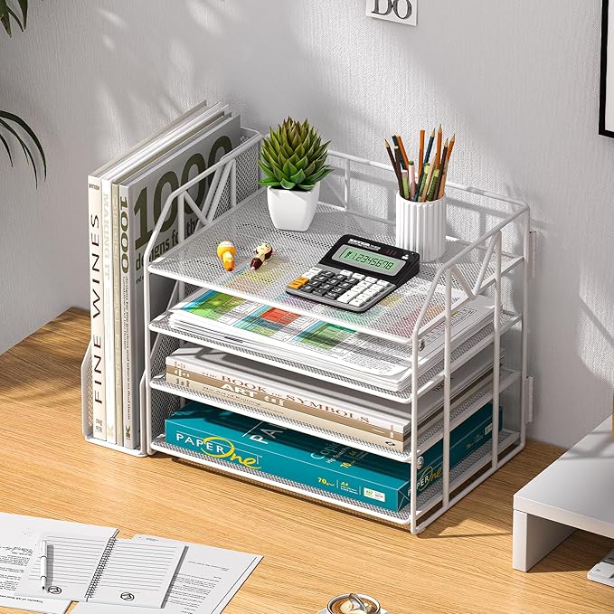 White Desk Organizers and Accessories with File Holder – Aesthetic Desk Accessories Women Love – Decorative Office Set with Magazine Rack – Desk Set for Girls Room and Office Setup