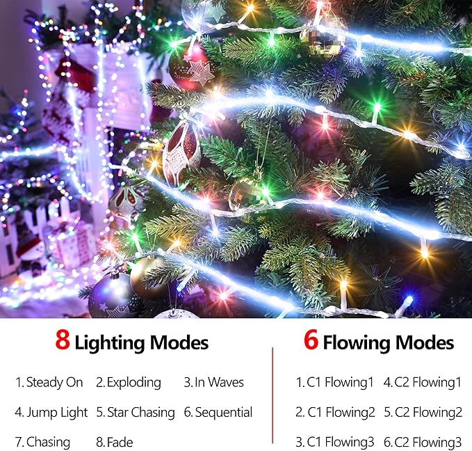 30FT String Lights - 240 LEDs Water Flowing Multicolor String Lights with 8 Basic Modes + 6 Flowing Modes,Outdoor Waterproof Timmer Memory Function Patio Lights (White)