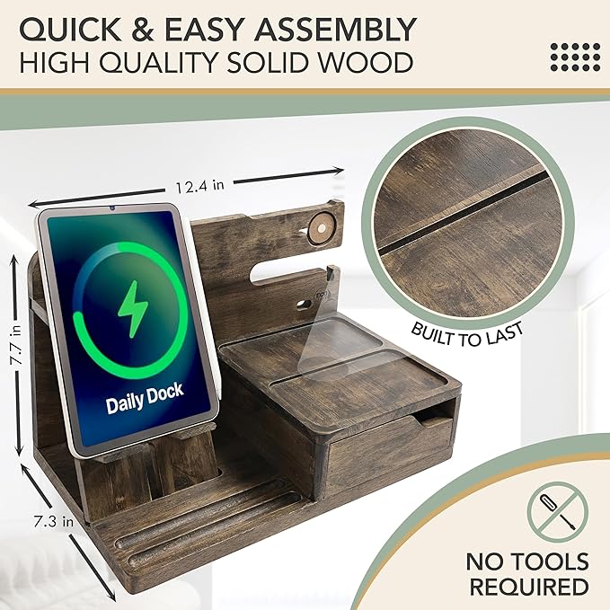 Nightstand Organizer- Phone Docking Station for Men- Unique Gifts for Husband, Father or Dad from Wife, Son or Daughter- Desk Organizer for Cellphone, Watches, Wallet and Key (Rustic)