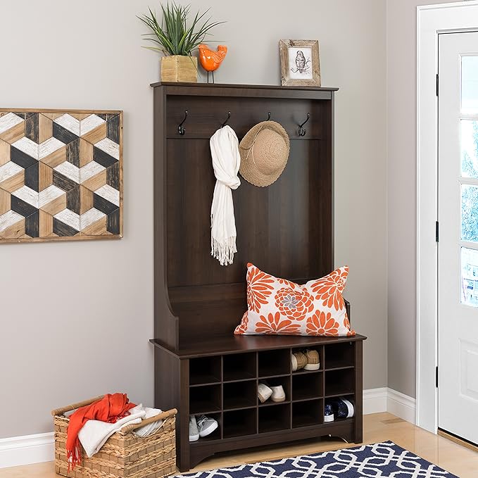Prepac Entryway Organizer, Coat Rack, Hall Tree with 4 Hooks, Bench, 15 Cubbies for Shoe Storage, 38" W x 68" H x 15.5" D, Espresso