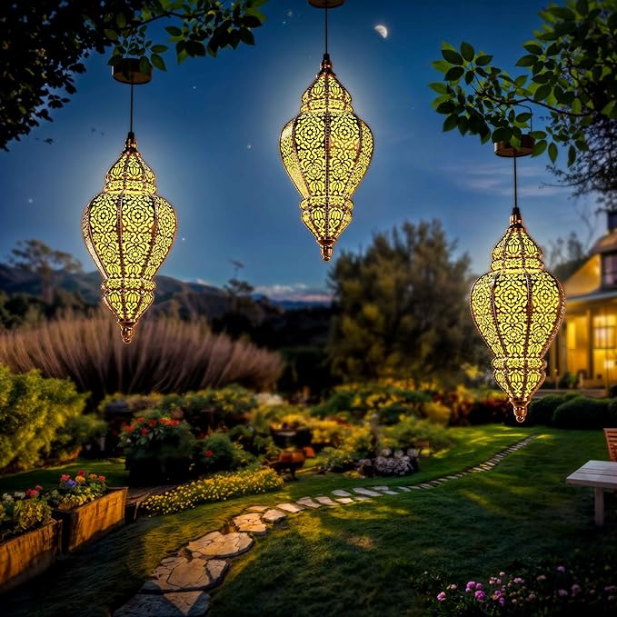 Moroccan Hanging Solar Lights Outdoor Lantern Bidirectional Availabili Garden Decor Waterproof Plastic Gold Decorations for Patio Pathway Yard Backyard Solar Powered Garden Decorative (2, gold)