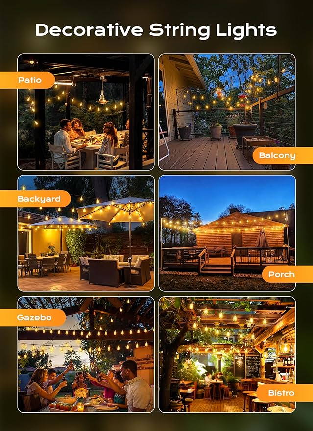 Brightown Outdoor String Lights, 150FT 75+2 LED ST38 LED Patio Lights Shatterproof, Dimmable IP65 Waterproof Connectable Hanging Outdoor Light for Backyard, Porch, Deck, Balcony