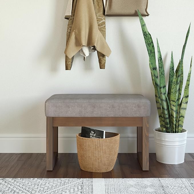 SIMPLIHOME Milltown Small Ottoman Bench - 27 inch Wide Upholstered Vegan Leather Rectangle Footstool Ottoman in Distressed Grey Taupe, Contemporary Bench for Bedroom with Cushioned Seat, Assembled