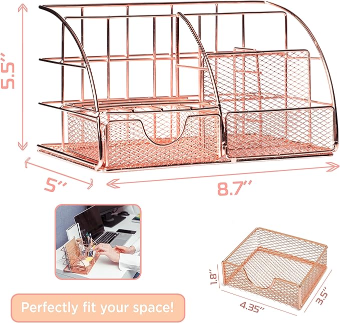 Rose Gold Desk Organizer for Women Cute Home Office Accessories & Supplies Decor, Girly Desktop Stationary Essentials Organization Set, Mesh Caddy Storage 5 Compartments +1 Mini Sliding Drawer