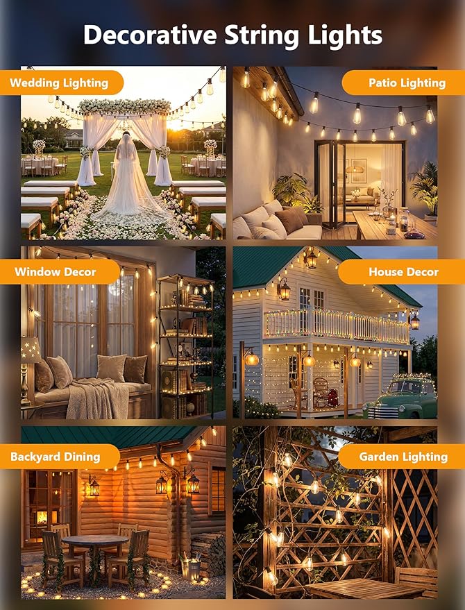 10FT Outdoor String Lights, ST40 Shatterproof Vintage Edison Bulbs, Black Cord Waterproof LED Plug-in Short Patio Light, Indoor Hanging Decor for Porch Balcony