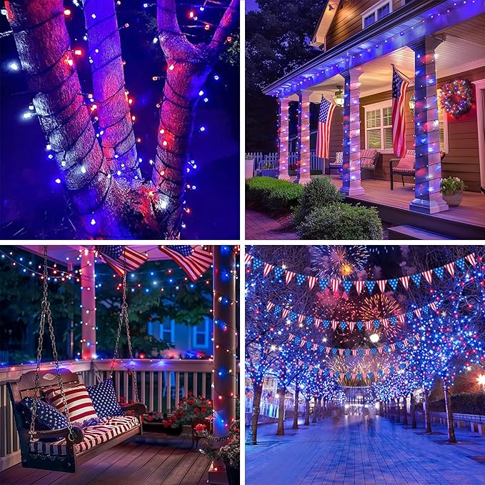 ITICdecor 4th of July Decorations 100 LED Red White and Blue Fairy String Lights, 33Ft String Lights Battery Operated Waterproof, 8 Modes Connectable Patriotic Lights for Home Yard Patio Party Decor