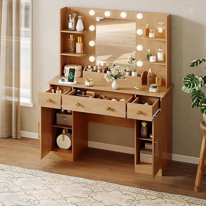 Vanity Desk with Mirror and Lights, Makeup Vanity with Mirror and LED Lights & Power Outlet, 3 Drawers and Cabinets, 3 Lighting Modes Dressing Table Set for Girls Women Bedroom,Oak