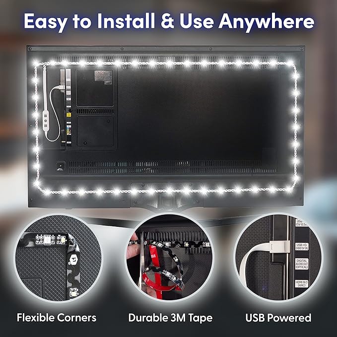 Power Practical LED Lights for TV Backlight, USB Powered TV LED Light Strip W/Bias Ambient Lighting for Home Theater, True White, Size (30"-40” TV)