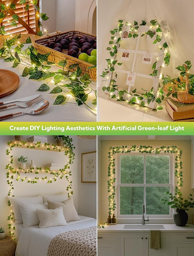 woohaha Vine with Fairy Lights,23ft 73LED Ivy String Light with Battery Operated,Leaf Light for Bedroom, Room, Wall, Garden, Party, Wedding Decor (Warm White)
