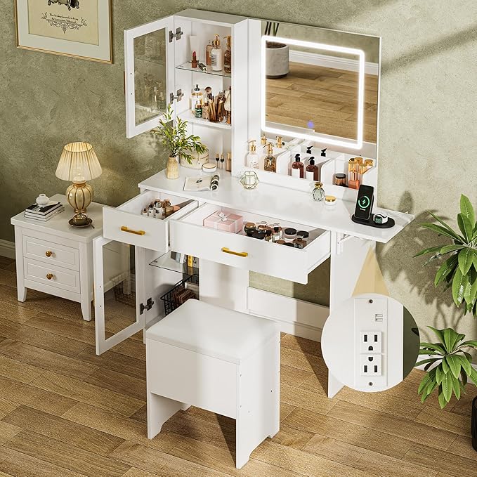 NUNU LAB Morden Makeup Vanity Desk with Mirror, Bedroom Dressing Table Set with Storage Shelf and 5 Drawers, Large Vanity Table with 10 LED Lights for Women, White with Extended Desktop
