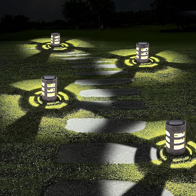 Solar Path Lights Outdoor 2 Pack, Decorative Pattern Lighting, Auto On/Off Dusk to Dawn, Waterproof Solar Landscape Lights, Modern Resin Garden Lights for Yard Patio Walkway (Gray)