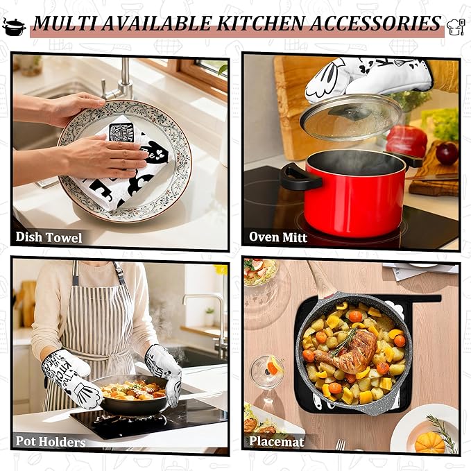 8 Pcs Farmhouse Kitchen Decor Accessories Set 4 Black White Kitchen Dish Towels 2 Oven Mitts 2 Pot Holders Kitchens Towels Pot Holders Oven Mitt Decor for Cooking Baking Housewarming Daughter Mom Gift
