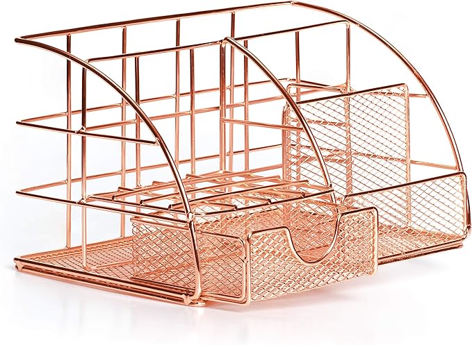 Rose Gold Desk Organizer for Women Cute Home Office Accessories & Supplies Decor, Girly Desktop Stationary Essentials Organization Set, Mesh Caddy Storage 5 Compartments +1 Mini Sliding Drawer