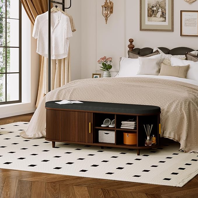 Entryway Bench with Storage: 51.2" Wooden Bedroom Shoe Bench with Thickened Padded Seat Cushion, Mid Century Modern Fluted Sliding Door and Adjustable Shelf, for Entryway, Living Room