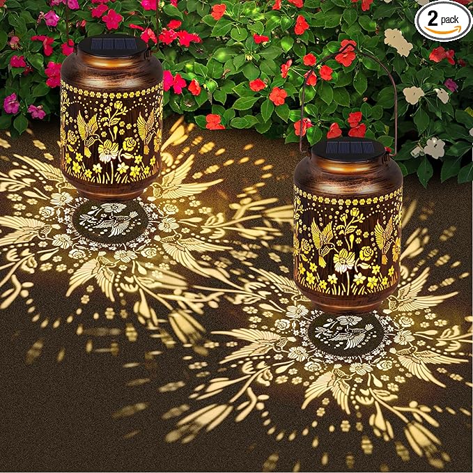 Solar Lanterns Outdoor Waterproof - Hummingbird Solar Lights for Garden, Hanging Metal Lantern Decor for Patio, Yard - Christmas Mothers Day Gifts for Women, Mom, Grandma (Hummingbird, 2)