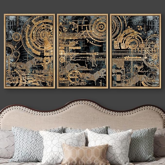 wall26 Framed Canvas Print Wall Art Set Electronic PC Motherboard Circuit Collage Abstract Technology Digital Art Modern Art Alternative Shapes for Living Room, Bedroom, Office - 16"x24"x3 Natural