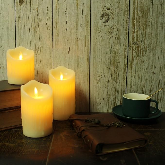 CVHOMEDECO. Flameless Candles Electronic Rechargeable Battery Extra Bright Ivory Dripping Real Wax Pillars LED Flickering Pillar Candle with 10-Key Remote Control, 3 PCS in Set