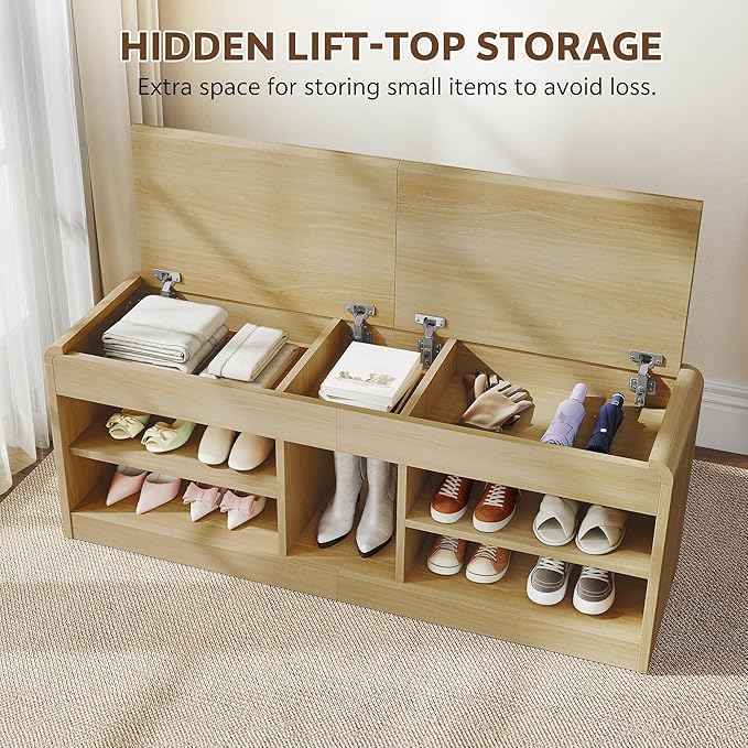 Shoe Storage Bench, 47.2in Entryway Bench with Flip-Open Storage Box, 2 Tier Shoe Rack Organizer with Shelf, Entryway Cabinet for Hallway Living Room Bedroom, Natural