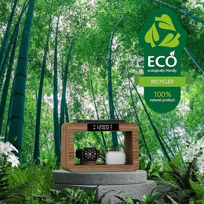Bamboo Charging Station for Multiple Devices, 15W Fast Wireless Charger Night Light with 3 Color& 4 Adjustable Brightness, Night Stand Charger Station for iPhone/iWatch/AirPods (6955)