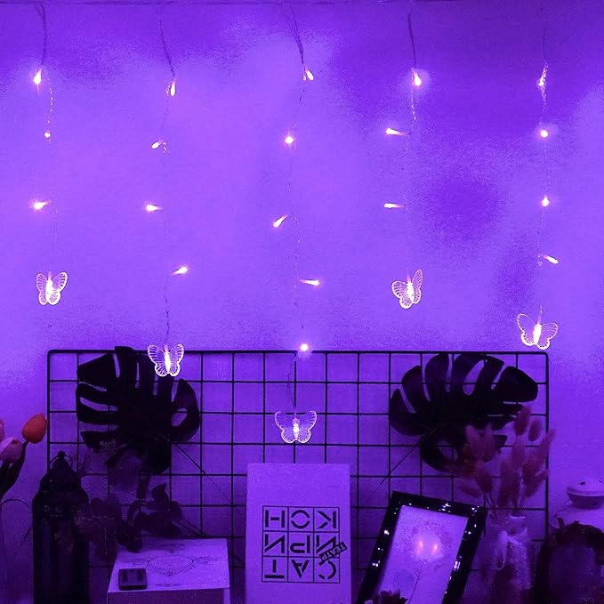 Butterfly Curtain Fairy Lights USB Plug in,8 Modes 120 LED 19.7FT Firefly Twinkle Timer String Lights with Remote, Waterproof Copper Wire for Bedroom Patio Christmas Wedding Party Dorm (Purple)