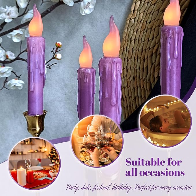 Purple Flameless Short Taper Candles, Real Wax Hand Dipped LED Battery Operated with Remote, Flickering Flame Lights for Festival Party Home Décor, 6.7 Inch Primitive Flameless Candles, 4PCS