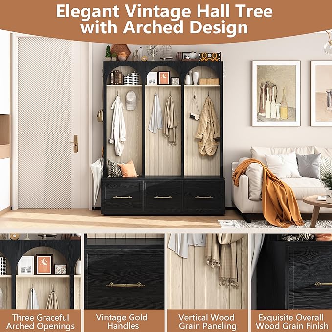 Bellemave Farmhouse Hall Tree with Bench and 3 Drawers, Entryway Bench with Coat Racks and Shoe Storage, 4 Hooks and Shelves (Black)