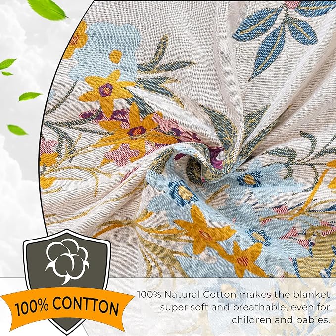 Boho Throw Blanket for Home Decor,Ultra Soft Spring Rustic Classic Quilt,100% Cotton Muslin Blankets for Adults, Reversible Woven Decorative Blanket for Bed Layering Use, Colorful Floral, 60"x80"