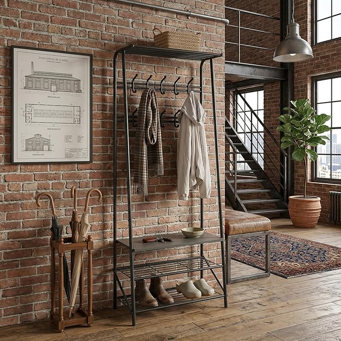 24" Grey Hall Tree with Bench and Shoe Storage, Double Row Hooks Coat Rack Freestanding Organizer, Heavy Duty Coat Rack with Shoe Storage, Coat and Shoe Rack Entryway Foyer Living Room