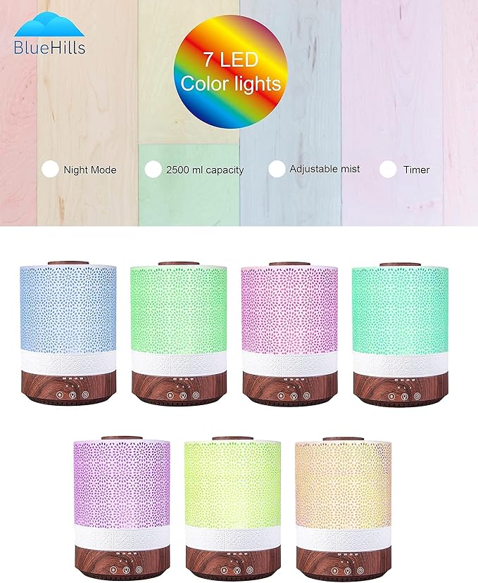 BlueHills Premium Set of 2 2500 ML Large Essential Oil Diffusers for Large Rooms High Mist Output XL Capacity 2.5 L Liter Humidifier Cool Mist Great Gift – Value Pack Dark Wood Grain