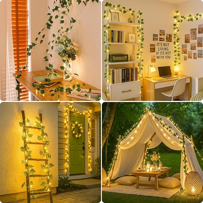 YOUNGAR Pothos Vines with Fairy Lights,Leaf String Warm White Lights Battery/USB Operated,23FT 73LED Fake for Bedroom Wall Room Wedding Birthday Garden Party Wall Room Decor