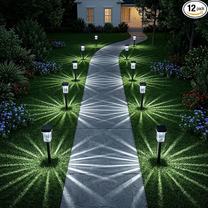 Solar Pathway Lights Outdoor 12 Pack - IP55 Waterproof Solar Powered Garden Lights 6000K Cold White LED, Auto On/Off Outdoor Solar Lights for Yard Driveway Patio Decor Landscape Lighting