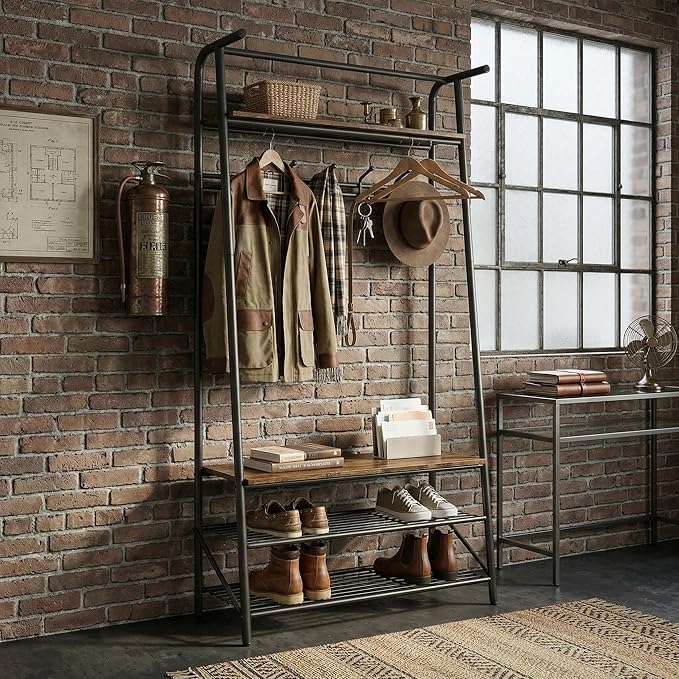 31.5" Retro Brown Hall Tree with Bench and Shoe Storage, Single Row Hooks Coat Rack Freestanding Organizer, Heavy Duty Coat Rack with Shoe Storage, Coat and Shoe Rack Entryway Mudroom Foyer