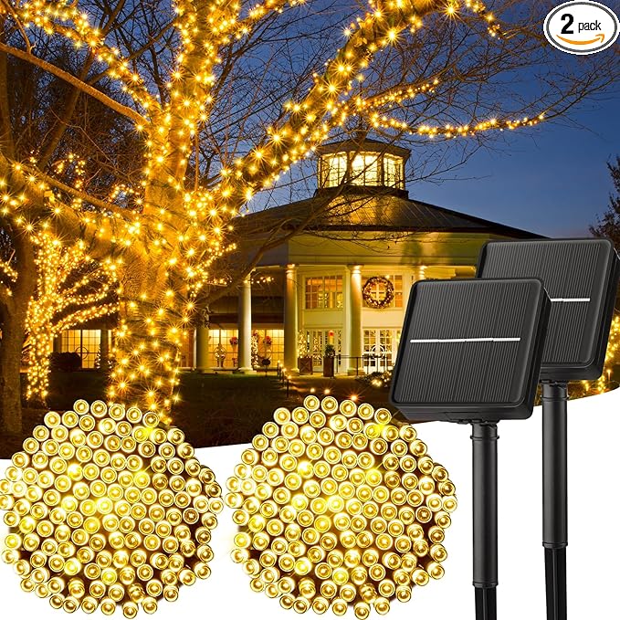 Solar String Lights Outdoor, 2 Pack Total 80FT 200 LED Solar Powered String Lights with 8 Lighting Modes, Waterproof Patio Lights, Solar Lights for Outside Tree Garden Balcony Gazebo Party, Warm White