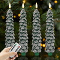 Christmas Tree Candles with Snow, 9.6" Green Real Wax Flameless Taper Candles with Remote, Flickering Xmas Candlesticks for Home, Party Decor, 4 Pack