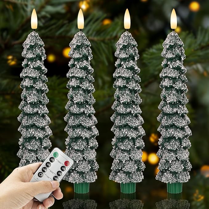 Christmas Tree Candles with Snow, 9.6" Green Real Wax Flameless Taper Candles with Remote, Flickering Xmas Candlesticks for Home, Party Decor, 4 Pack