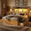 Kids Full Bed Frame with Drawers & Storage Headboard, Solid Wood Platform Bed with Pull-Out Cabinet, Built-in LED Light & Charging Station, No Box Spring Needed, Natural