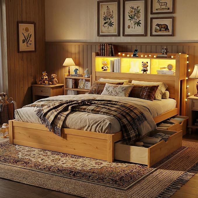 Kids Full Bed Frame with Drawers & Storage Headboard, Solid Wood Platform Bed with Pull-Out Cabinet, Built-in LED Light & Charging Station, No Box Spring Needed, Natural
