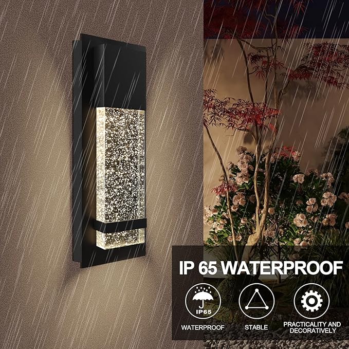 PARTPHONER Modern Wall Sconce, LED Wall Light with Crystal Bubble Glass Modern Porch Light Outdoor Indoor Wall Fixture 12W Lumen 3000K for Doorway Garden Hallway Patio Living Room, 2 Pack