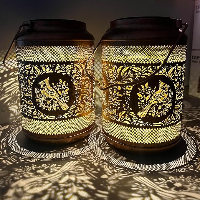Solar Lantern with Hollow Metal Design, Garden Hanging Light, Copper Color for Outdoor Yard,Patio,Garden Decor (2)