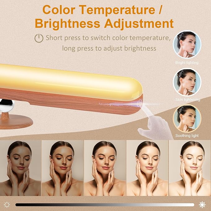 2 Pack Vanity Lights for Mirror with 4000mAh Rechargeable Battery, Touch Control Dimmable Makeup Light with 3 Color Modes, Magnetic 360° Adjustable LED Bathroom Mirror Light, Light Wood