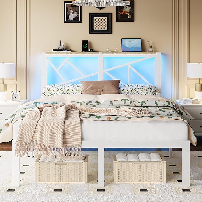 Queen White Metal Bed Frame with USB Charging Station, LED Ambient Lighting, and Wooden Storage Headboard - Includes Under-Bed Storage, No Box Spring Needed, Noise Free, Easy to Assemble