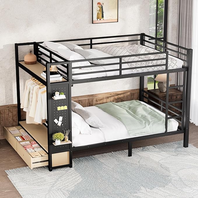 Bellemave Queen Over Queen Metal Bunk Bed with Storage Drawers and Shelves, Heavy Duty Bunk Beds with Pegboard and Coat Rack for Kids, Adults,Black