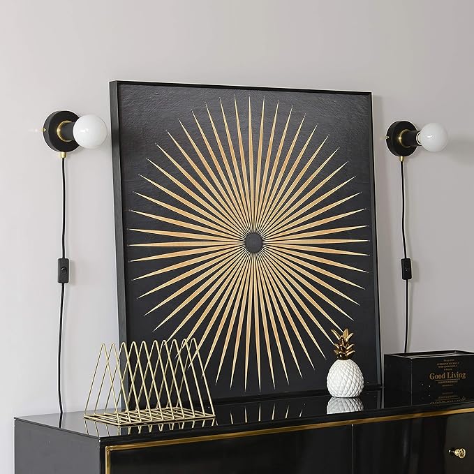 BRIGHTTIA Matte Black Plug-in Simple Ring Wall Sconce Light - Brushed Brass Color Accents - Modern Minimalist Lighting - Mid Century Industrial Exposed Bulb Wall Lamp - 16Ft Fabric Cord (BW0005-1BP)